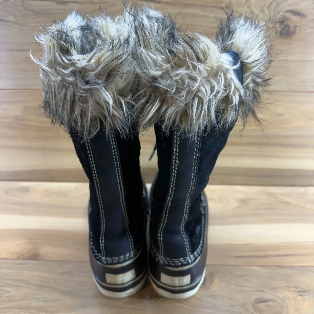 Sorel Joan Of Arctic Waterproof Snow Boots 7 Black Suede Faux Fur Tall Gorpcore